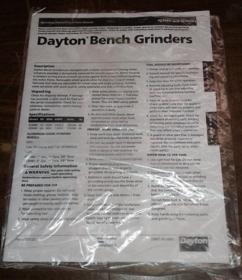 Dayton 8 Bench Grinder Manual