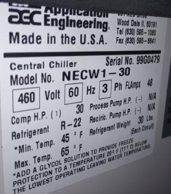 AEC 30 Ton Water Cooled Central Water Chiller data plate