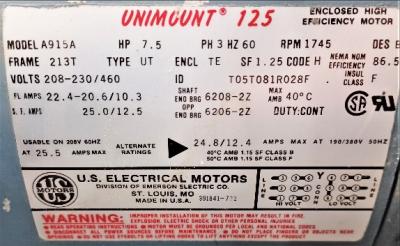 US Motors Data Plate View AEC Whitlock VTP-7.5 Vacuum Pump