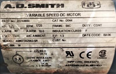 Motor Data Plate View AO Smith 46807352543-0A 1 HP DC Motor