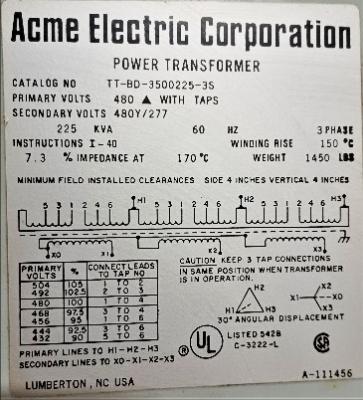 Transformer Data Plate View Acme Electric Corp TT-BD-3500225-35 Transformer