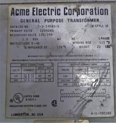 Acme Electric Corporation 1.0 KVA Transformer