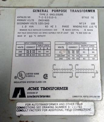 Acme Electric Corporation 1.0 KVA Transformer