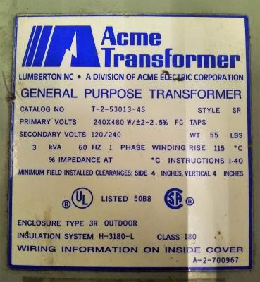 Acme Electric Corporation 3 KVA Transformer