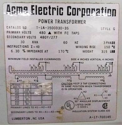 Acme Electric Corporation 30 KVA Transformer