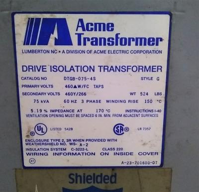 Acme Electric Corporation 75 KVA Transformer