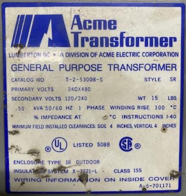 Acme Electric Corporation T-2-53008-S 0.50 kVA Transformer