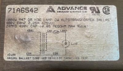 Advance Transformer 71A6542 Metal Halide Ballast