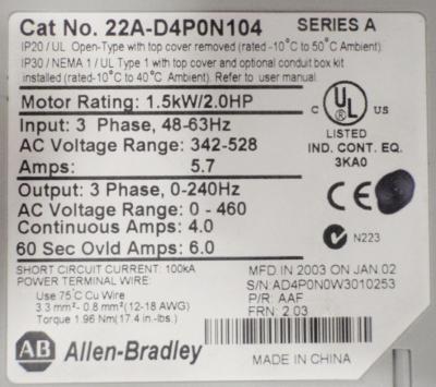 Allen Bradley PowerFlex4 AC Drive 22A-D4P0N104