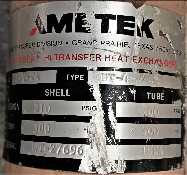 Heat Exchanger Data Plate View Ame-Tek HT-4-4CT Heat Exchanger