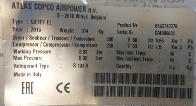 Atlas Copco 10 HP Rotary Screw Air Compressor Data Plate