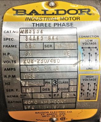 Motor Data Plate View Baldor .33 HP Motor With Winsmith Gear Box