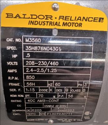 Motor Data Plate View Baldor 1/2 HP Motor with Tigear 2 Gear Box