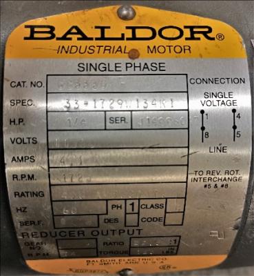 Motor Data Plate View Baldor 1/4 HP AC Motor