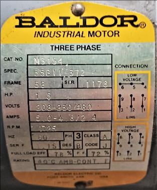 Motor Data Plate View Baldor 1.5 HP M3154 Motor