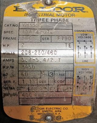 Motor Data Plate View Baldor 2 HP VM3555 Motor