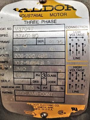 Motor Data Plate View Baldor 3 HP M3704T Motor