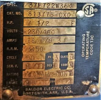 Motor Data Plate View Baldor 813775-CXO 7.5 AC Motor