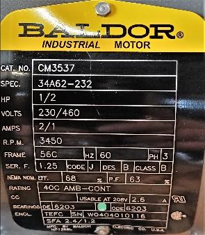 Motor Data Plate View Baldor CM3537 0.5 HP AC Motor