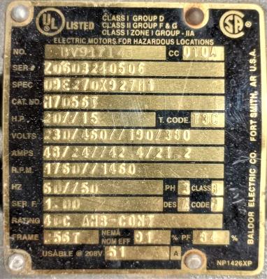 Baldor Electric BV917143 data plate