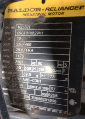 Baldor M2332T 10 HP AC Motor DATA PLATE