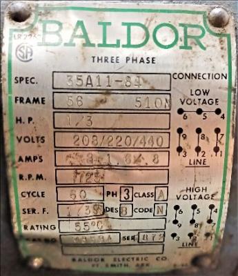 Motor Data Plate View Baldor M3534 1/3 HP Motor