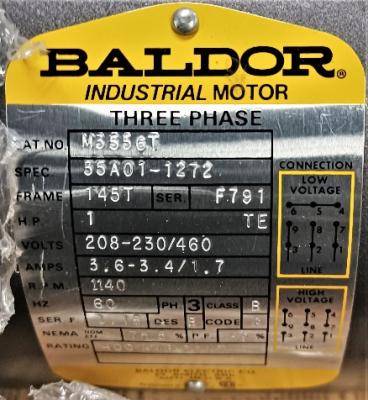 Motor Data Plate View Baldor M3556T 1 HP Motor