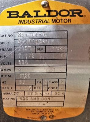 Motor Data Plate View Baldor MC710T-5 7.5hp Motor