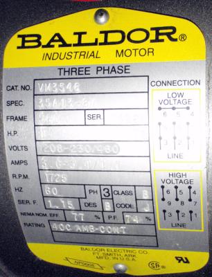 Baldor VM3456 1hp Motor label
