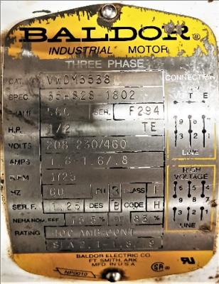 Motor Data Plate View Baldor VWDM3538 .5 HP Motor