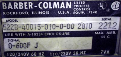 Barber Colman 522B-40015-010-0-00 520 Solid State Controller plate