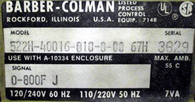 Barber Colman 522H-40016-010-0-00 520 Solid State Controller plate