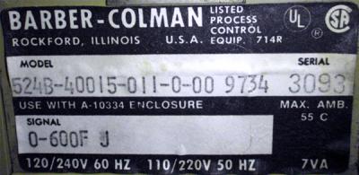 Barber Colman 524B-40015-011-0-00 520 Solid State Controller plate