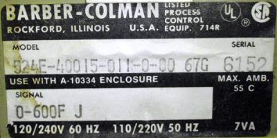 Barber Colman 524E-40015-011-0-00 520 Solid State Controller plate