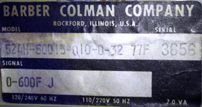 Barber Colman 524H-50015-010-0-32 520 Solid State Controller plate