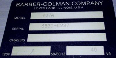 Barber Colman 907A EHV Power Supply label