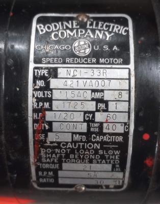 Bodine 1/20hp Speed Reducer Motor data plate