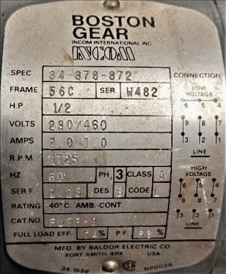 Motor Data Plate View Boston Gear .5 HP Motor