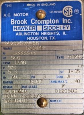 Motor Data Plate View Brook Crompton 5 HP Motor