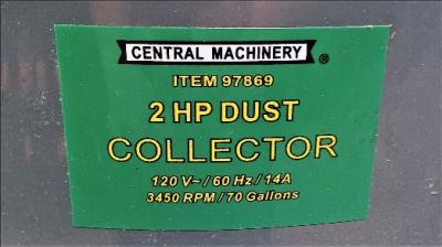 Dust Collector Data Plate View Central Machinery 2 HP Dust Collector