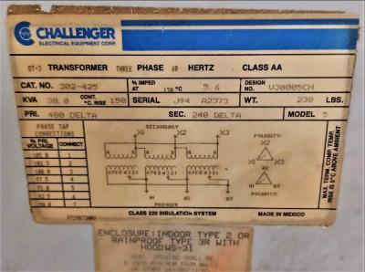 Transformer Data Plate View Challenger 302-425 Transformer