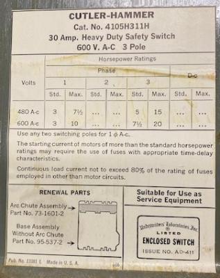 Cutler-Hammer 4105H311H Enclosed Fusible Safety Switch