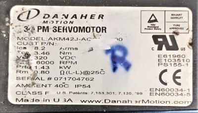 Servo Motor Data Plate View Danaher Motion AKM42J-ACCNEF00 1.43 Kw Servo Motor