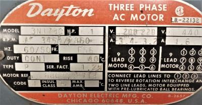Motor Data Plate View Dayton 1 HP 3N178C AC Motor