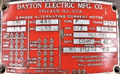 Motor Data Plate View Dayton 1/2 HP Motor