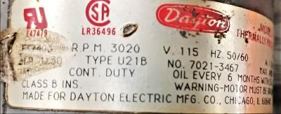 Motor Data Plate View Dayton 1/30 HP Blower