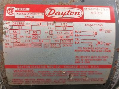 Motor Data Plate View Dayton 1/4 HP Capacitor-Start Motor