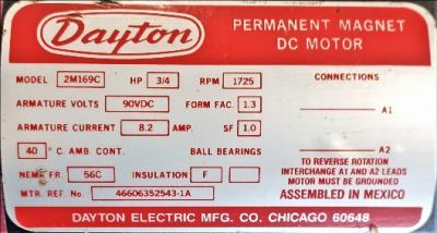 Motor Data Plate View Dayton 2M169C 0.75 HP Permanent Magnet DC Motor