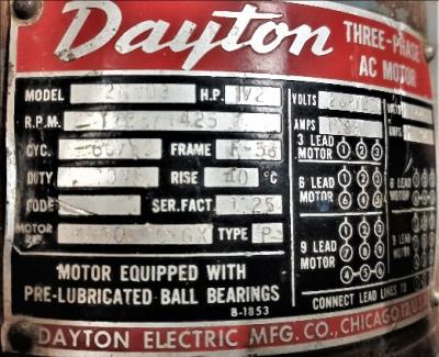 Motor Data Plate View Dayton 2N103 .5 HP AC Motor