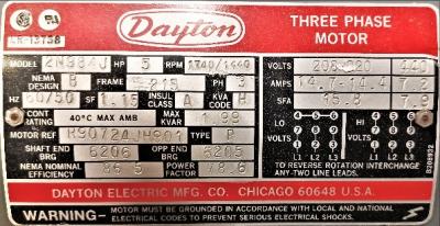 Motor Data Plate View Dayton 2N984J 5 HP AC Three Phase Motor